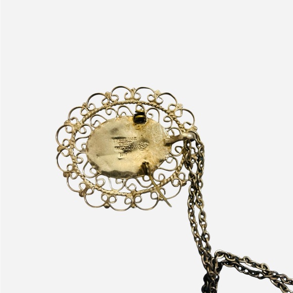 Vintage antique Victorian 925 silver HEMATITE CARVED FLOWER STATEMENT NECKLACE - Picture 4 of 4